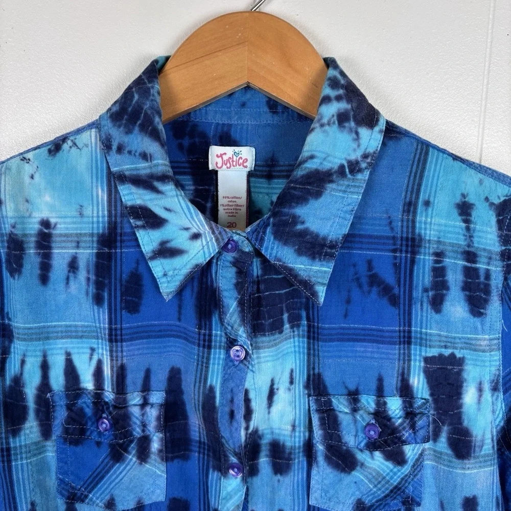 Y2K Justice‎ Girls Size 20 Blue Tie Dye Plaid Cotton Button Down Shirt Western